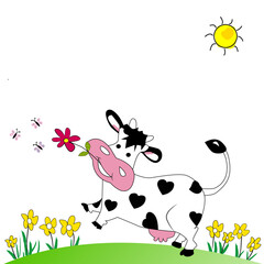 Paisaje de campo con vaca y flores.