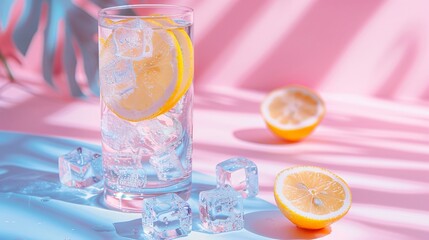 A tall glass of iced water with lemon slices and ice cubes on a pastel pink and blue background, emphasizing a refreshing and delicate aesthetic.
