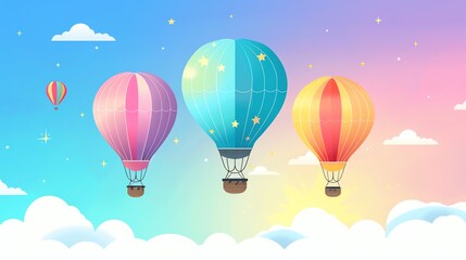Fototapeta premium An illustration of hot air balloons floating in the sky with clouds.