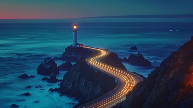 Light trails from passing cars create a mesmerizing pattern around a towering lighthouse as the ocean crashes against the rocks below.