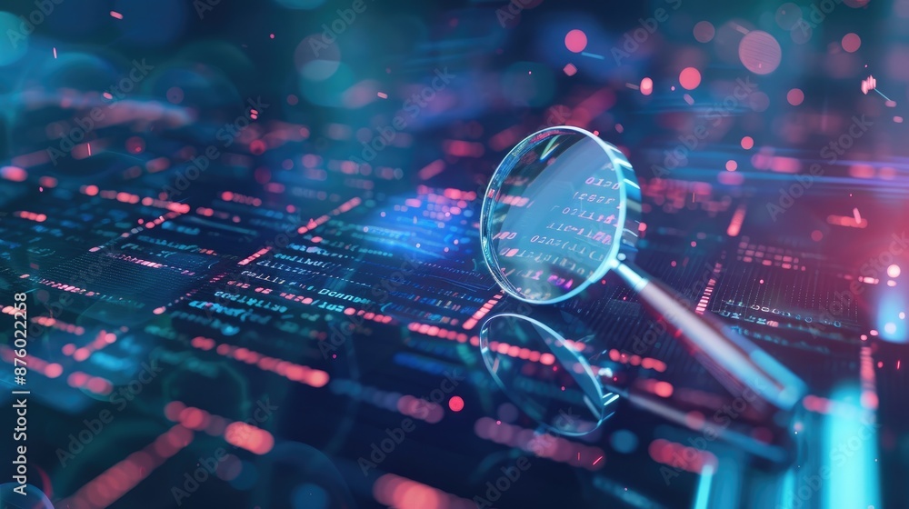 Poster visual representation of it security risk assessment: a magnifying glass analyzing a document in a t