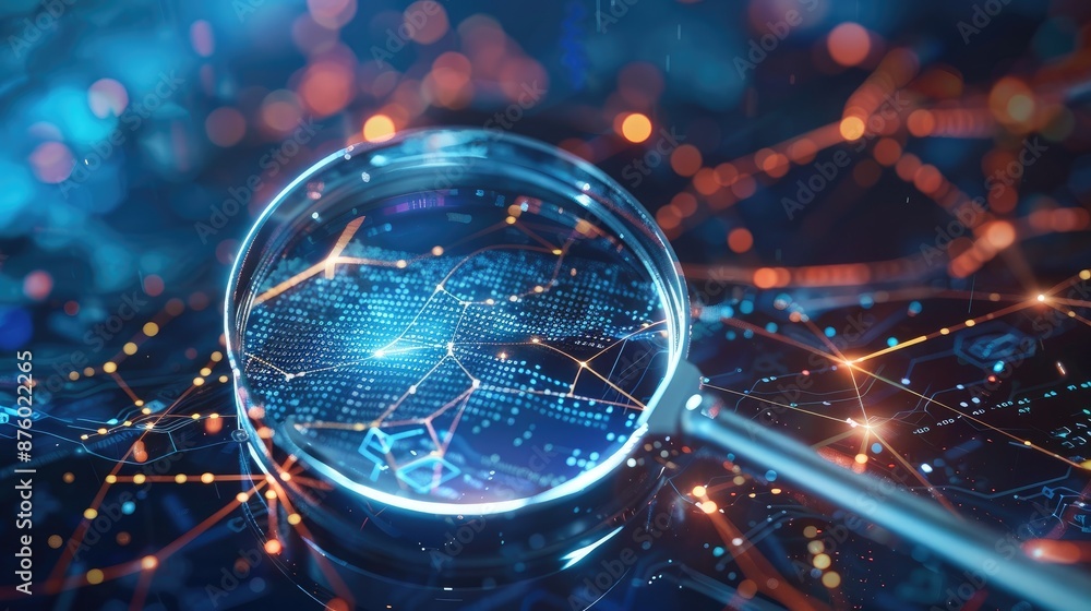Poster visual representation of it security risk assessment: a magnifying glass analyzing a document in a t