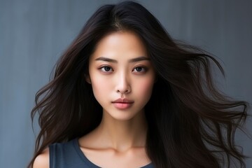 Naklejka premium Portrait of a young Asian woman with long dark hair flowing in the wind