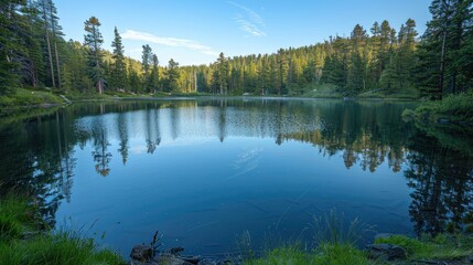 Fototapeta premium Tranquil lake reflecting towering mountains