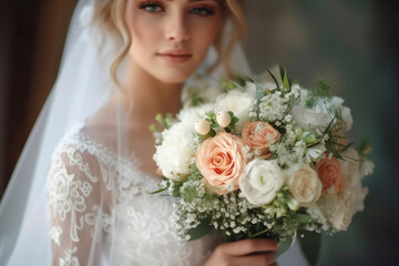Naklejka premium A bride in a white dress holds a large bouquet of white and peach flowers with green foliage. The flowers are arranged in a beautiful and romantic style.