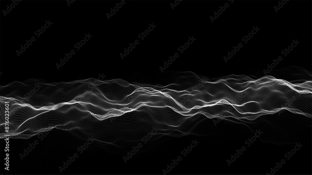 Poster black futuristic moving wave. digital background with moving glowing particles. big data visualizati