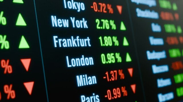 Stock market and exchange, global indices, percentage changes, moving up and down. Frankfurt, New, London, Paris, business and trading information.