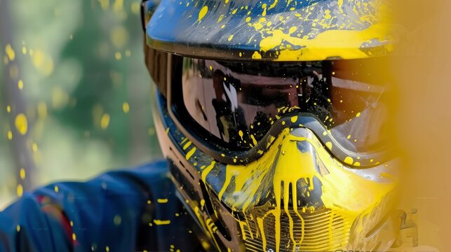 A paintball player's mask is covered in yellow paint splatters after a game, capturing the action and excitement of the sport.