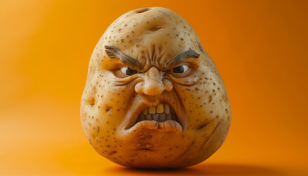 The realistic angry and aggressive human face of a potato on a bright contrasting background.