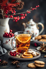 A glass cup of mulled tea with orange slices and ginger, next to it is an ornamental white vase containing red berries. In the background there is a small ceramic teapot filled with spiced whole carda