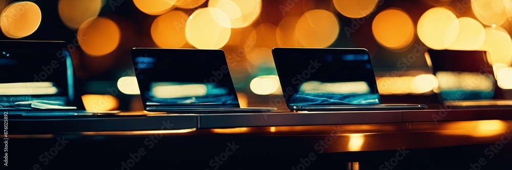 Aufkleber A row of laptops are on a table with a blurry background