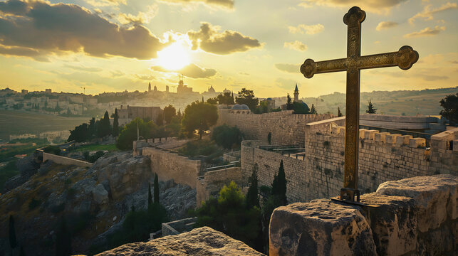 Christian cross and scenery of Jerusalim and Solomon Temple aka Al Aqsa in Israel.
