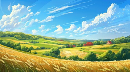 Fototapeta premium Agricultural field with horizon and buildings under blue sky