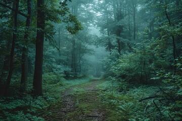Obraz premium A serene and misty forest path surrounded by dense, green foliage and towering trees, creating a peaceful and enchanting natural ambiance