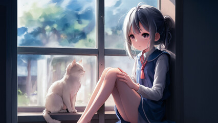 a girl and cat sitting next to the window