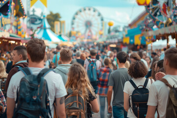 A large crowd enjoying the vibrant atmosphere of Oktoberfest, with colorful stalls and a Ferris wheel in the background. The lively scene captures the excitement and energy of the famous German festiv
