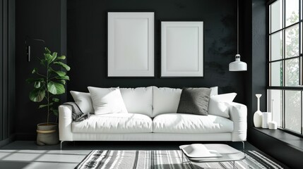 Modern Living Room Interior Design with White Sofa and Black Walls
