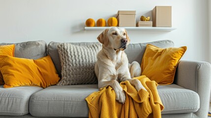 Golden Retriever Relaxing on a Sofa