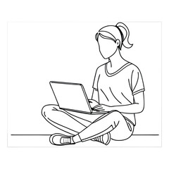 A girl sitting with laptop line art illustration