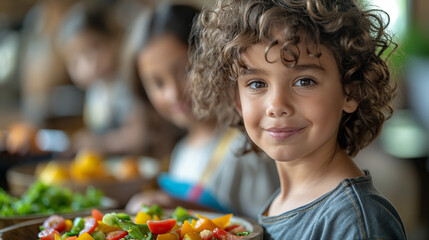 Fototapeta premium A telephoto angle photo of children helping to prepare a colorful and healthy meal in the kitchen, fostering healthy eating habits, environmental scientists, engineers, activists w