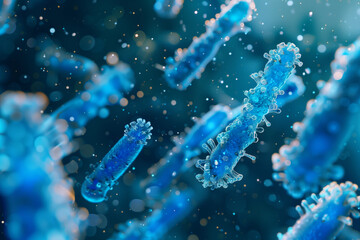 Fototapeta premium A Microscopic Dance of Blue Bacteria in a Sparkling Aquatic Realm