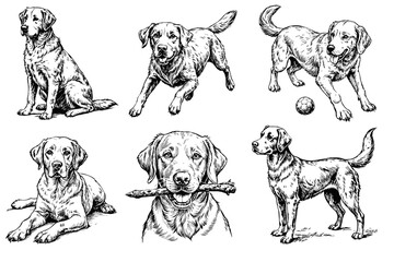 Set of Labrador Retriever sketch on a white background in different poses