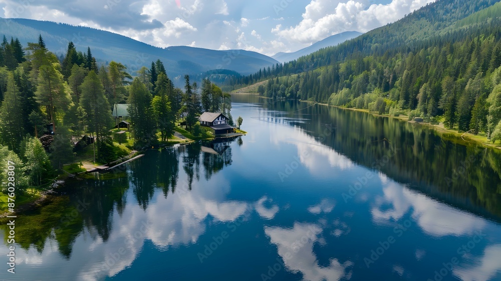 Poster mountain lake in summer with crystal clear water picture