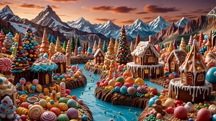 Naklejka premium a vibrant and colorful illustration depicting a river surrounded by various types of sweets, including candies, chocolates, and gingerbread houses, set against a backdrop of snow-capped mountains.