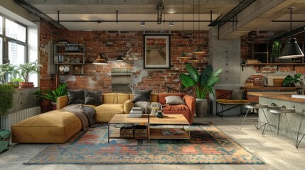 Industrial Chic Living Room with Exposed Brick Wall