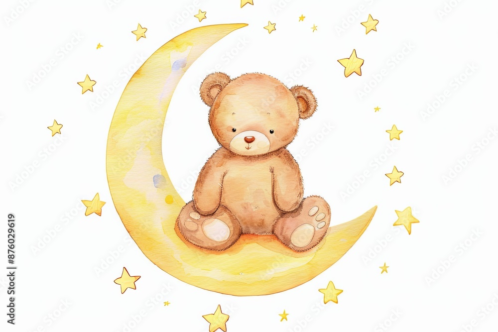 Poster A teddy bear is sitting on a yellow moon