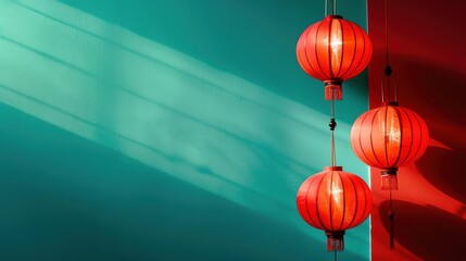 Illuminated Red Lanterns in Vibrant Setting with Copy Space - Asian Festive Decorations Hanging Outdoors