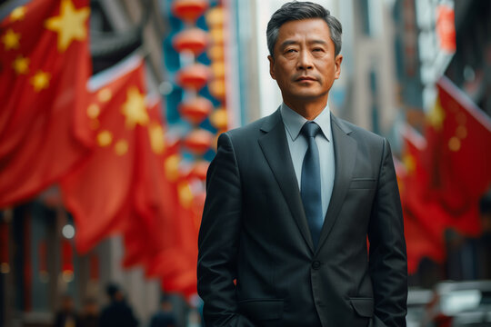 A Confident Businessman Stands Amongst Chinese Flags in a Vibrant Cityscape - Powered by Adobe