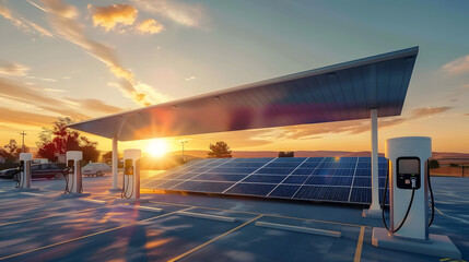 Fototapeta premium Solar panels on a roof with electric car charging stations at sunset
