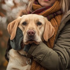 Love a dog, cute yellow labrador retriever with owner outdoors, good pet owner