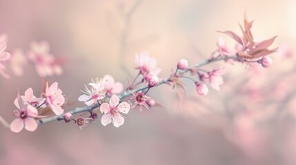 Fototapeta premium Serene Cherry Blossom Branches Close-Up with Copyspace Background