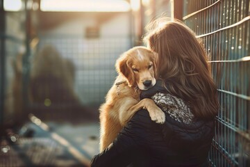 Pet adoption, woman choosing dog in animal shelter, cute abandoned retriever in dog pound
