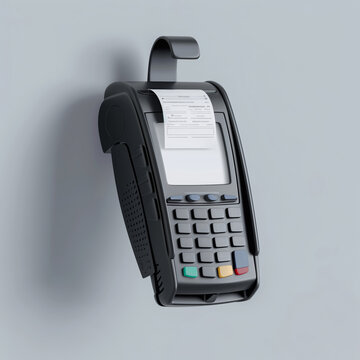 A Black Credit Card Reader Floating in Mid-Air Against a Grey Background