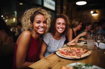 Two women sharing a pizza and laughing together at a restaurant, showcasing friendship and happiness in a social dining experience
