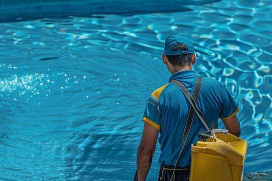 Pool maintenance, swimming pool cleaner, man in blue shirt with cleaning equipment, hotel service