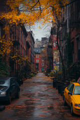 A rundown neighborhood with graffiti-covered buildings, reflecting urban decay.A yellow taxi cab on...