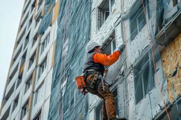 Thermal insulation of the exterior wall panel. Worker man insulates wall high-rise building
