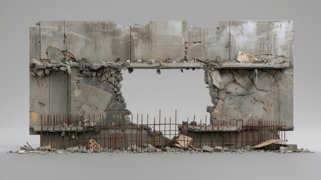 A building aperture with construction debris and rebar against a gray backdrop