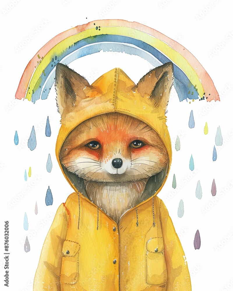 Sticker A fox is wearing a yellow raincoat and standing under a rainbow