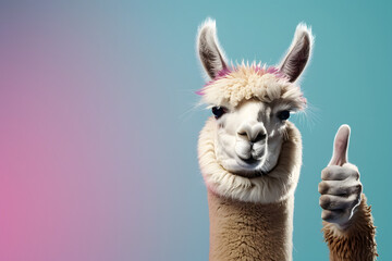 Obraz premium Funny alpaca llama, smiling, showing approving thumbs up to appreciate good work or product. Wide banner with copy space side.&nbsp;