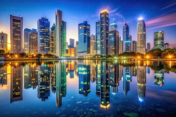 Obraz premium Modern urban landscape featuring sleek skyscrapers with vibrant city lights, reflected in glassy waters, photographed with a smartphone's lens at dusk.