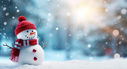 Fototapeta premium Snowman with red hat and scarf in a winter wonderland setting.