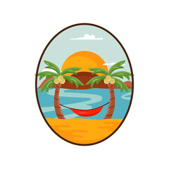 Summer adventure badge. Beach adventure label in retro style. Palms logo graphics for t-shirt. Stock vector artwork