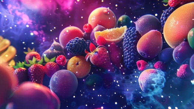 Abstract cosmic background with fruits Creative summer space concept