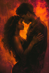 Young black couple in love and passion embrace. YA paranormal fantasy concept. Darkness with color burst. Mist, smoke, fog. Couple in love. Glowing light. Surreal epic fantasy dystopian love. 