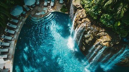 A pool with a waterfall where clear water picture
